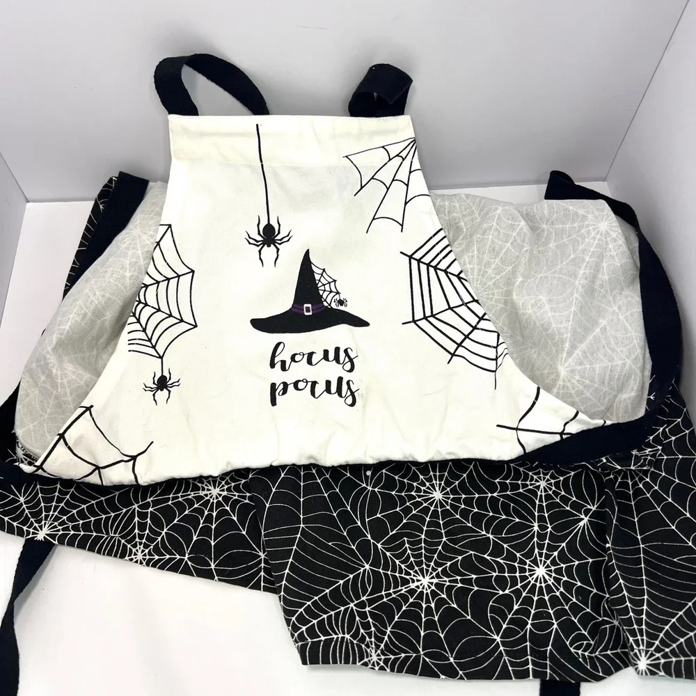 Hocus Pocus Cotton Apron Witchy Halloween Spider Web Witch Hat Cook Black White